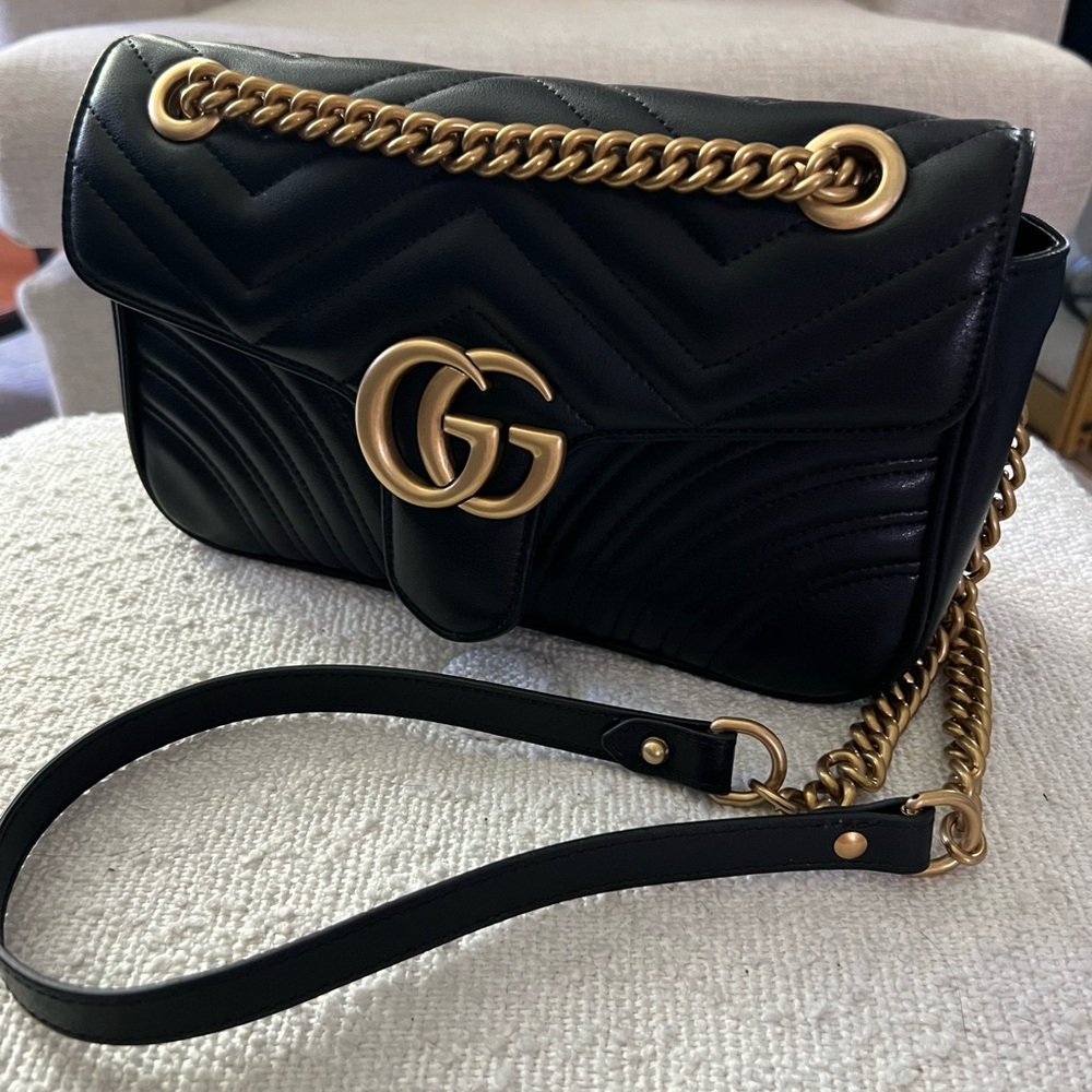 Black Quilted Leather Bag with Gold Chain